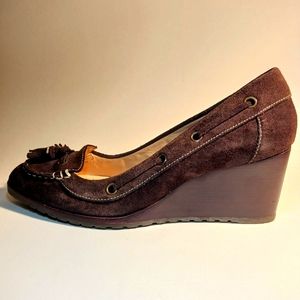 9.5 B - Cole Haan Womens NikeAir Wedges  Brown Suede Casual Tassel Heel Shoes